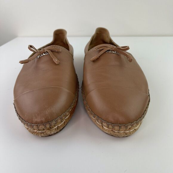 PRADA Light Brown Beige Leather Bows Trim Espadrilles Shoes Women’s 39.5 CLASSIC - Picture 3 of 11
